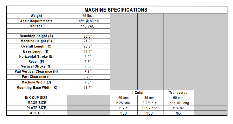 G8 60-85 Printex Standard Machine Specifications G8 60-85 Printex Standard Machine Specifications