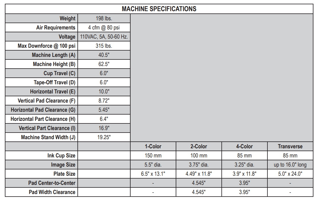 Machine Specs G8-150X G8-150 double action wide specs diagram